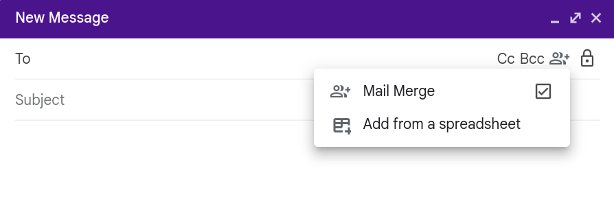 Official Google Gmail mail merge interface showing add from spreadsheet option